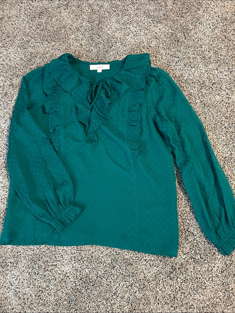 LOFT Emerald Green Ruffle Tie-Neck Blouse